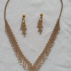 Ladies Necklace with Rhinestones set in faux gold and Matching Earings